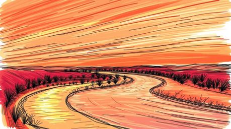 A captivating hand-drawn sketch depicts a winding river illuminated by a dramatic orange-pink sunset.  Rendered in a vibrant 