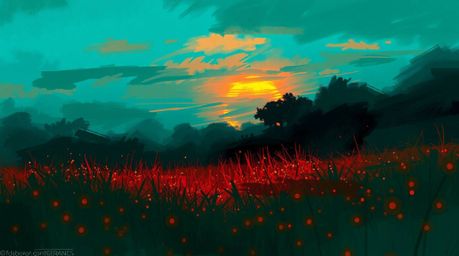 A captivating digital sketch depicting a deep teal sunset over a tranquil meadow.  Fireflies begin to emerge as dramatic ligh