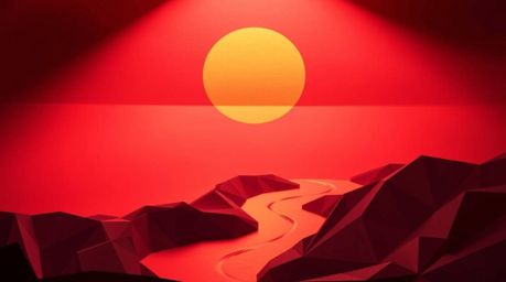 A stunning scene rendered in an intricate origami style, featuring a winding river that glows under a dramatic orange-pink sk