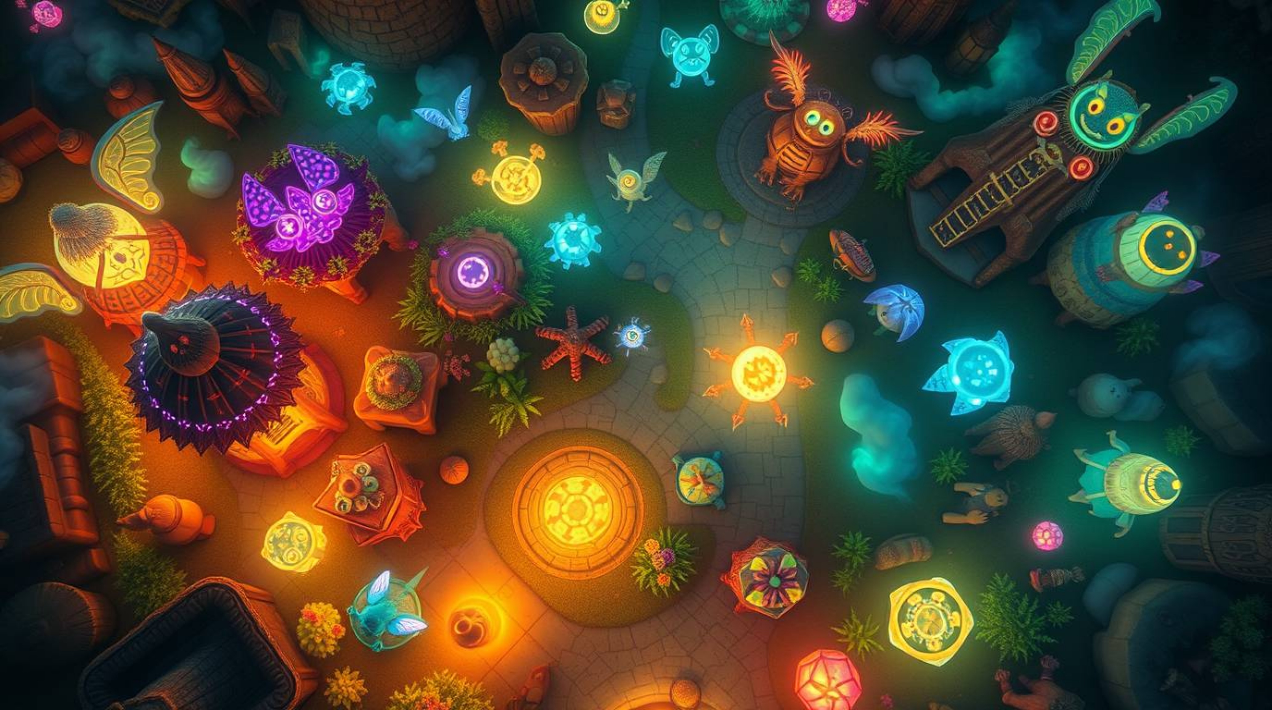 Explore a vibrant fantasy kingdom from a unique bird's eye perspective, teeming with quirky magical creatures and illuminated