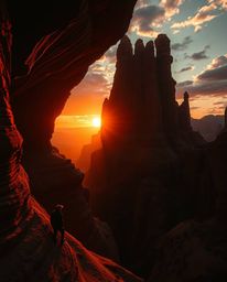 A surreal and dreamlike image depicts a sunset illuminating sandstone cliffs in a canyon, utilizing contrasting chiaroscuro l