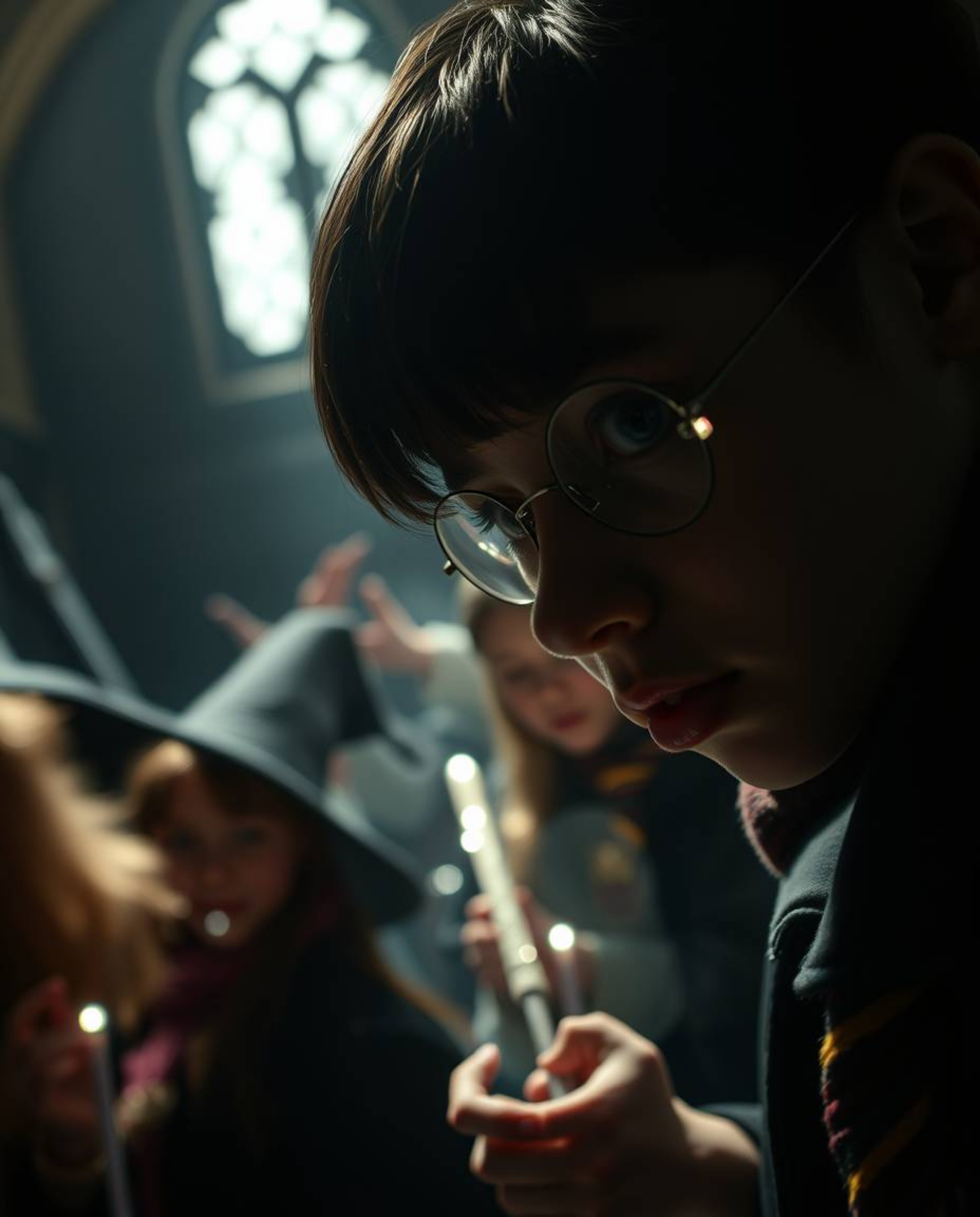 Explore a magical school teeming with young wizards, captured in a tight close-up shot with dramatic chiaroscuro lighting. Th