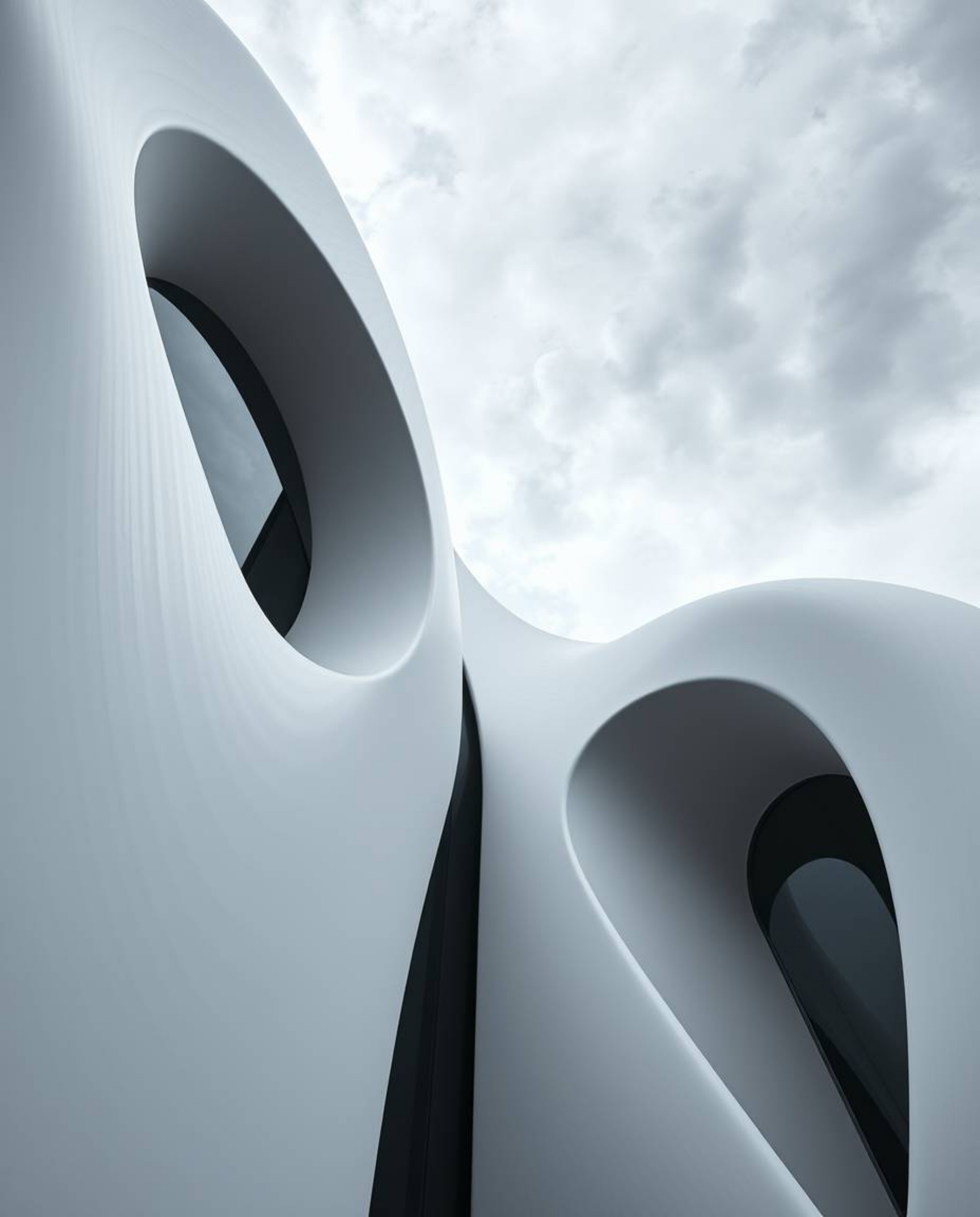 Captivating architectural photography showcasing precise details of 3D fluid shapes interacting with geometric forms, creatin