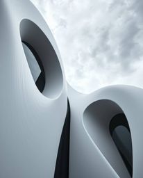 Captivating architectural photography showcasing precise details of 3D fluid shapes interacting with geometric forms, creatin