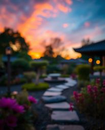 Sharp focus on a Zen garden at sunset, blurred bokeh background, vibrant complementary colors, balanced tones, serene atmosph