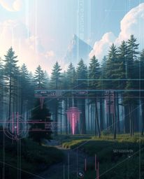 A captivating digital painting blends futuristic sci-fi elements with a serene natural forest.  A digital glitch effect creat