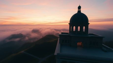 A dramatic cinematic photograph showcasing precise color details of fog-covered hills at sunset.  The wide-angle shot capture