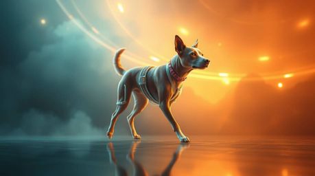 Explore high-resolution stock photos featuring a futuristic dog walking in space, embodying an ethereal and spiritual vibe. T