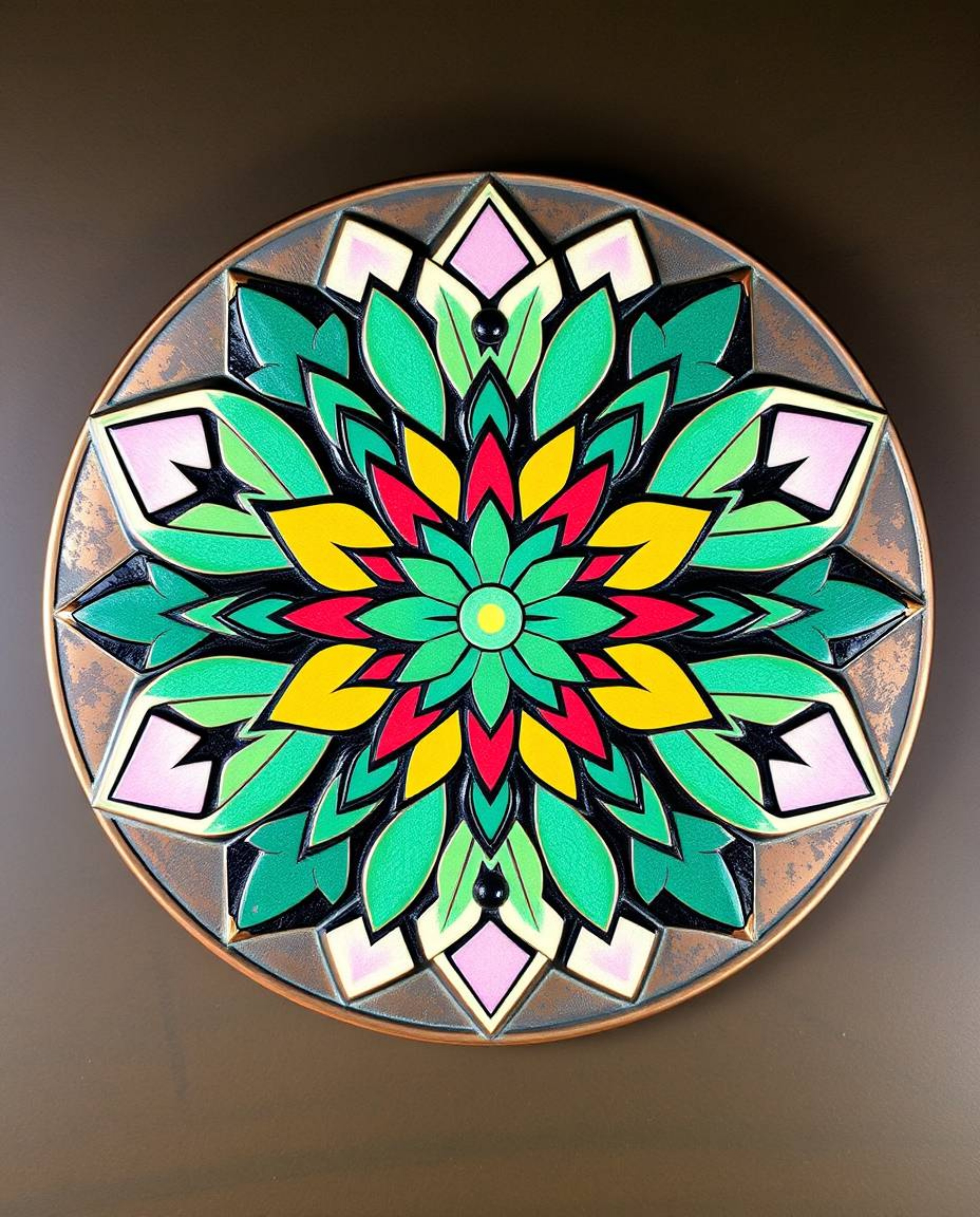 This artwork showcases a stunning geometric floral mandala with a vibrant, symmetric design, meticulously displayed on a cast