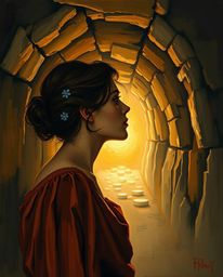 An evocative oil painting depicts a figure standing at a tunnel's entrance, their gaze drawn to a distant light source.  Rend