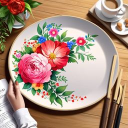 A beautifully hand-painted porcelain plate featuring a delicate floral design is showcased, resting elegantly on a rustic woo