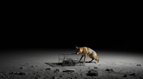 A striking image of a coyote meticulously setting up a comically absurd trap in the stark, jet-black desert. The scene is bat