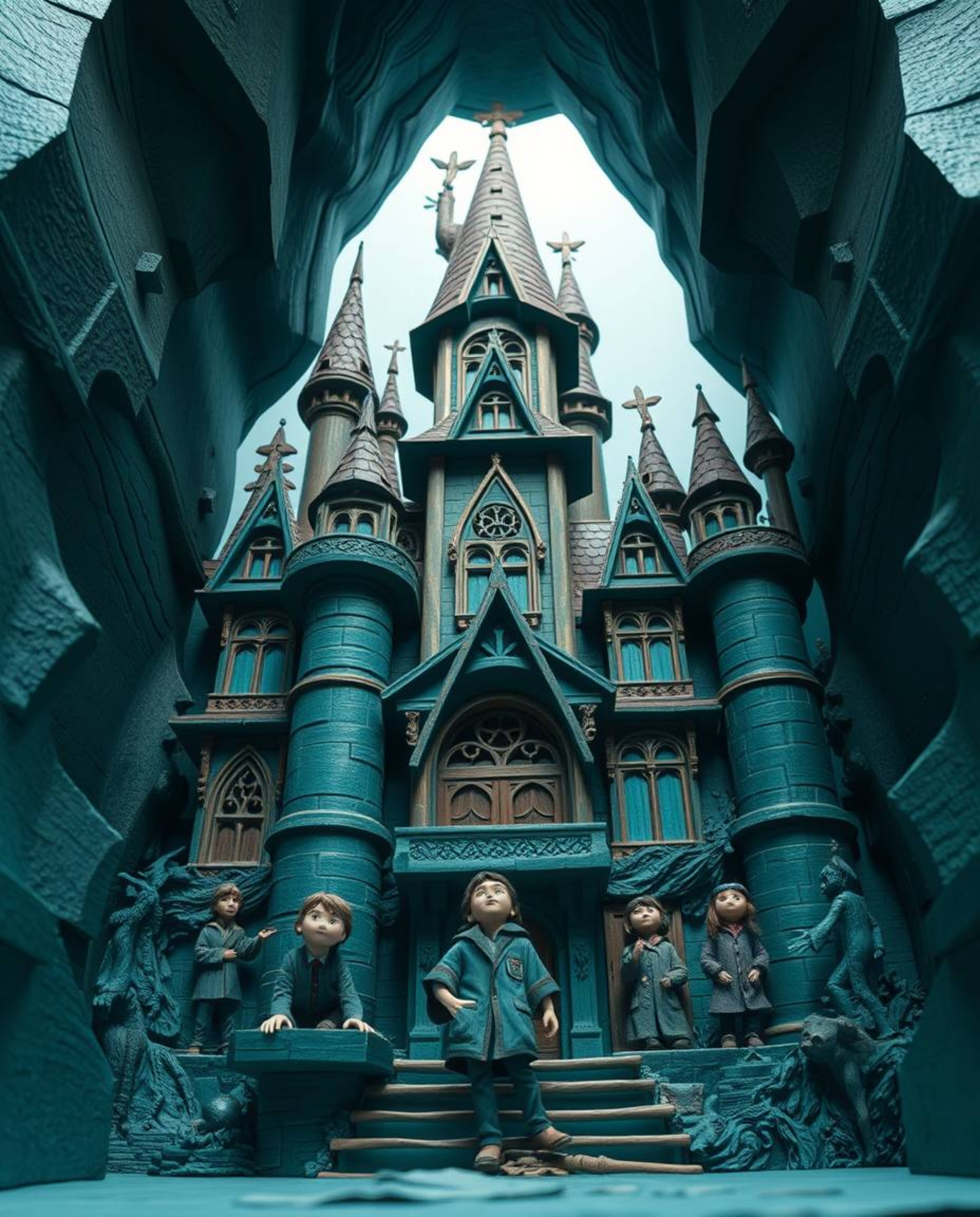This layered papier-mâché sculpture depicts a vibrant magical school filled with young wizards, rendered in a rich, deep teal