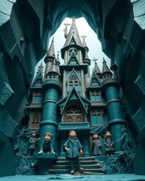 This layered papier-mâché sculpture depicts a vibrant magical school filled with young wizards, rendered in a rich, deep teal