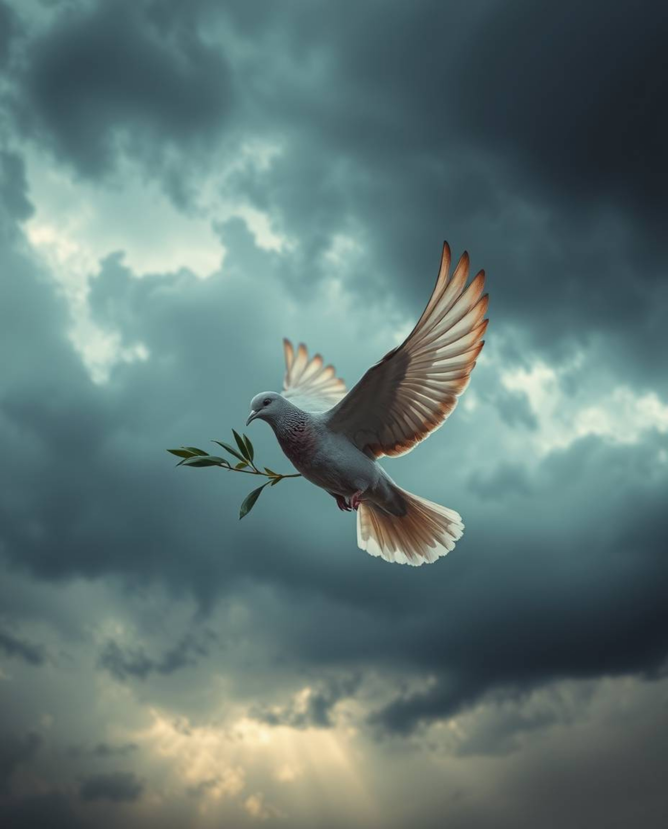 A captivating image featuring a dove carrying an olive branch soaring through dramatic and vibrant stormy skies. This evokes 