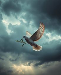 A captivating image featuring a dove carrying an olive branch soaring through dramatic and vibrant stormy skies. This evokes 