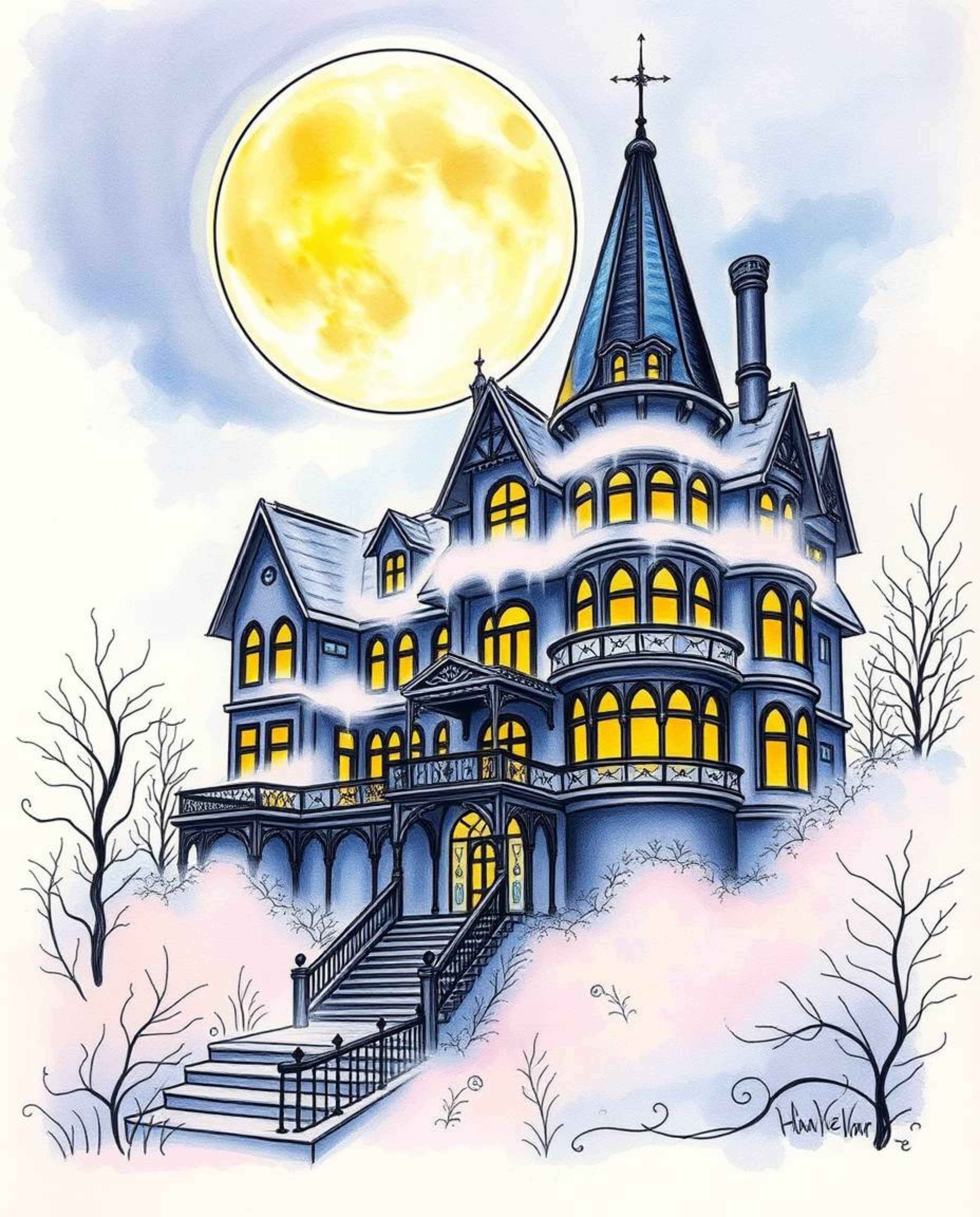 A captivating hand-drawn sketch depicts an iridescent Victorian mansion shrouded in fog under the enchanting moonlight. The c