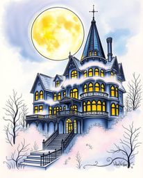 A captivating hand-drawn sketch depicts an iridescent Victorian mansion shrouded in fog under the enchanting moonlight. The c