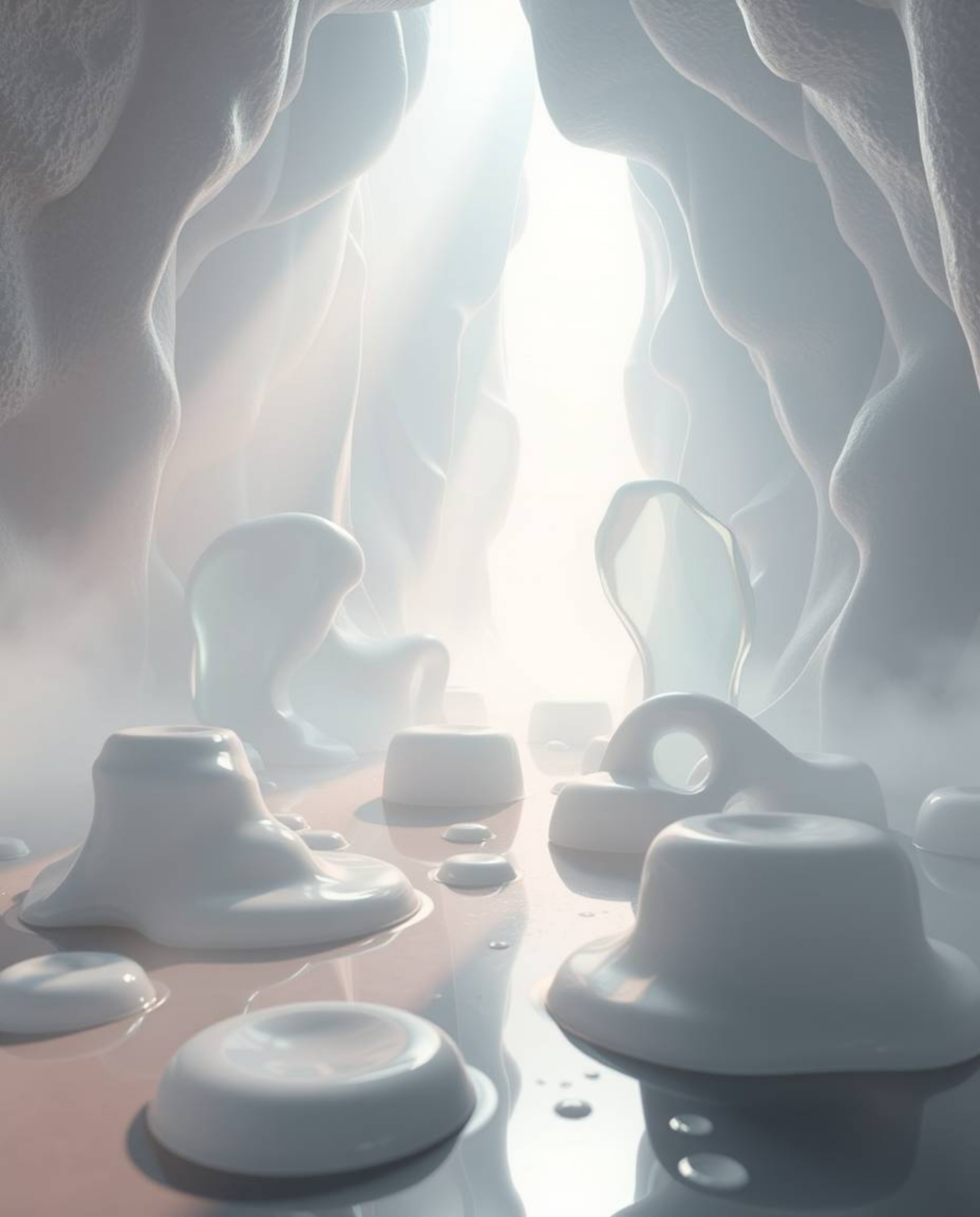 Explore a surreal 3D rendered landscape featuring melted glass-like shapes in a hyperrealistic sci-fi environment.  Gentle so