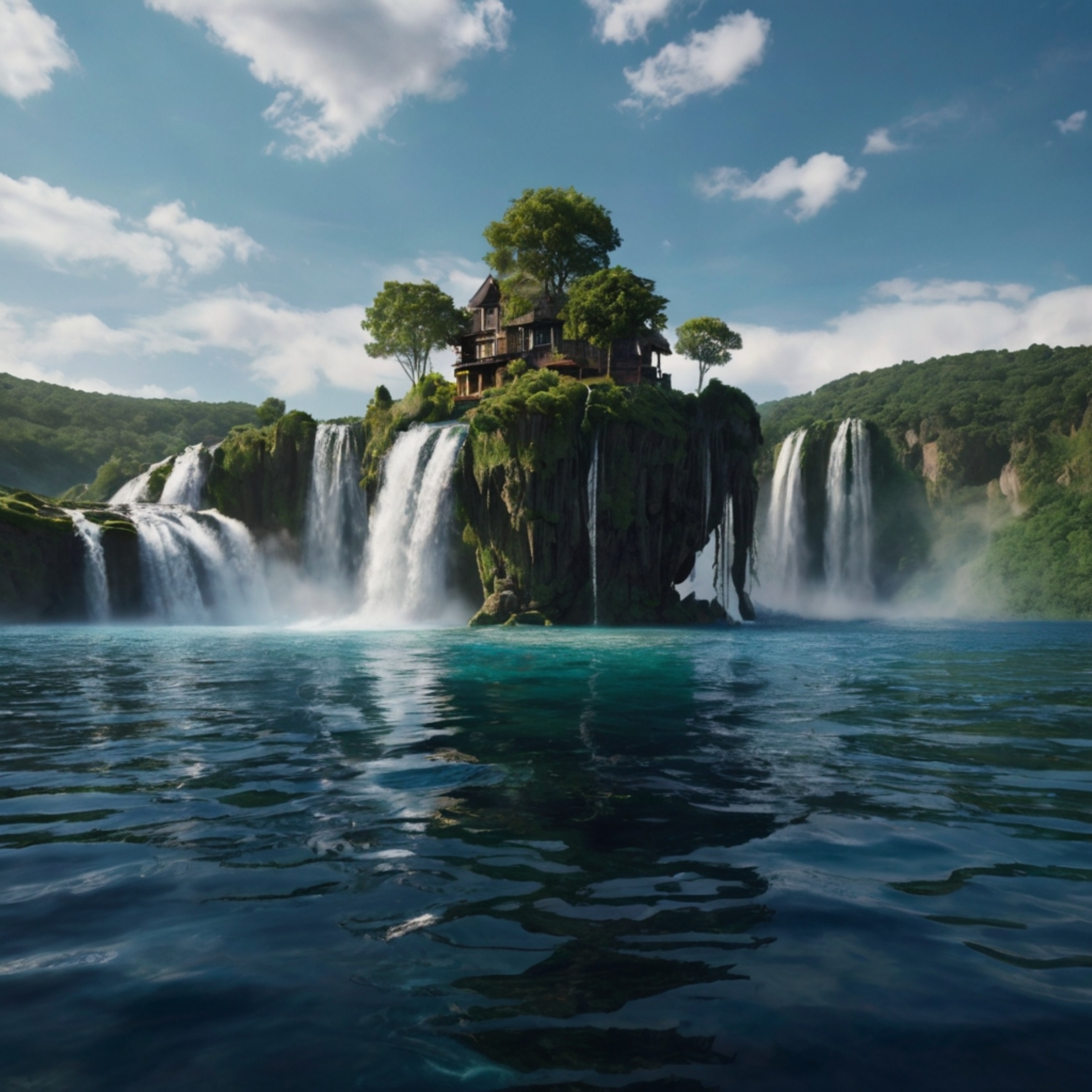 Explore a surreal world in this oil painting of a floating island. Waterfalls defy gravity, cascading upwards into the sky, c