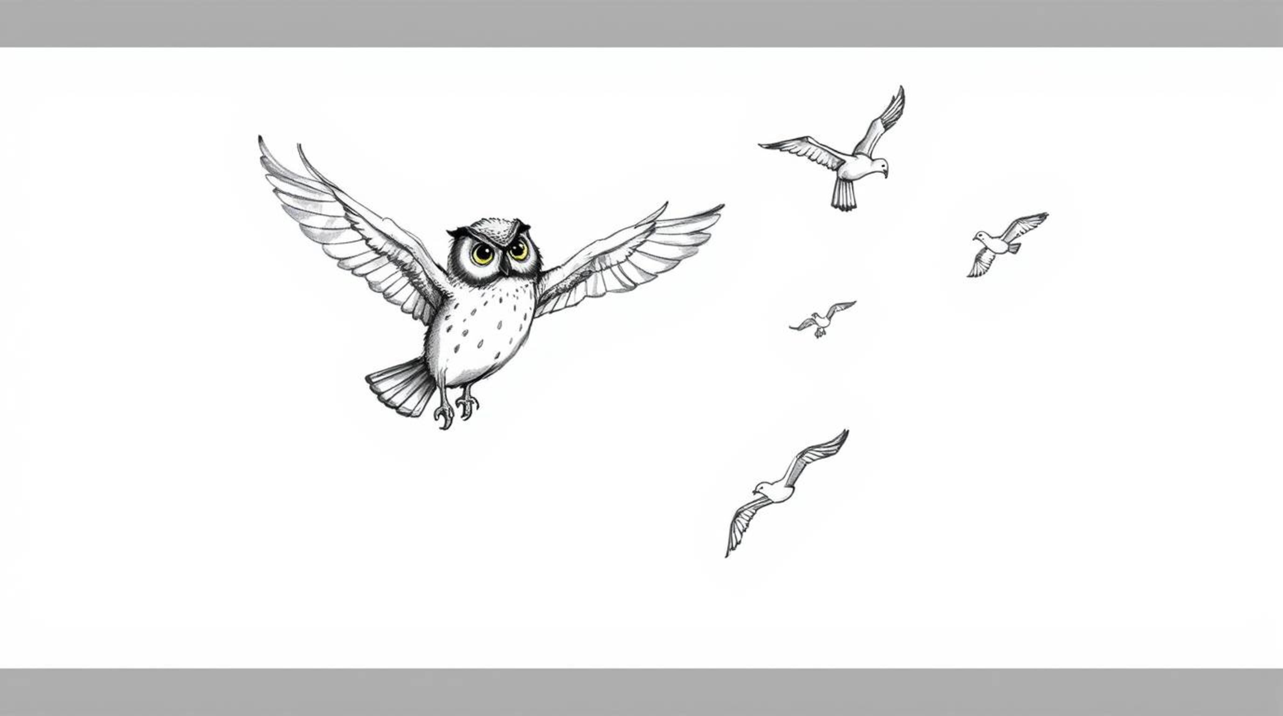 A charming hand-drawn sketch in the style of Pixar depicts a heartwarming scene: a blind owl, seemingly suspended in mid-air,