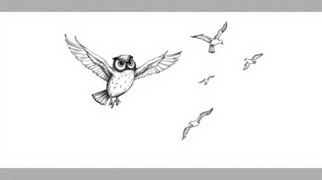 A charming hand-drawn sketch in the style of Pixar depicts a heartwarming scene: a blind owl, seemingly suspended in mid-air,