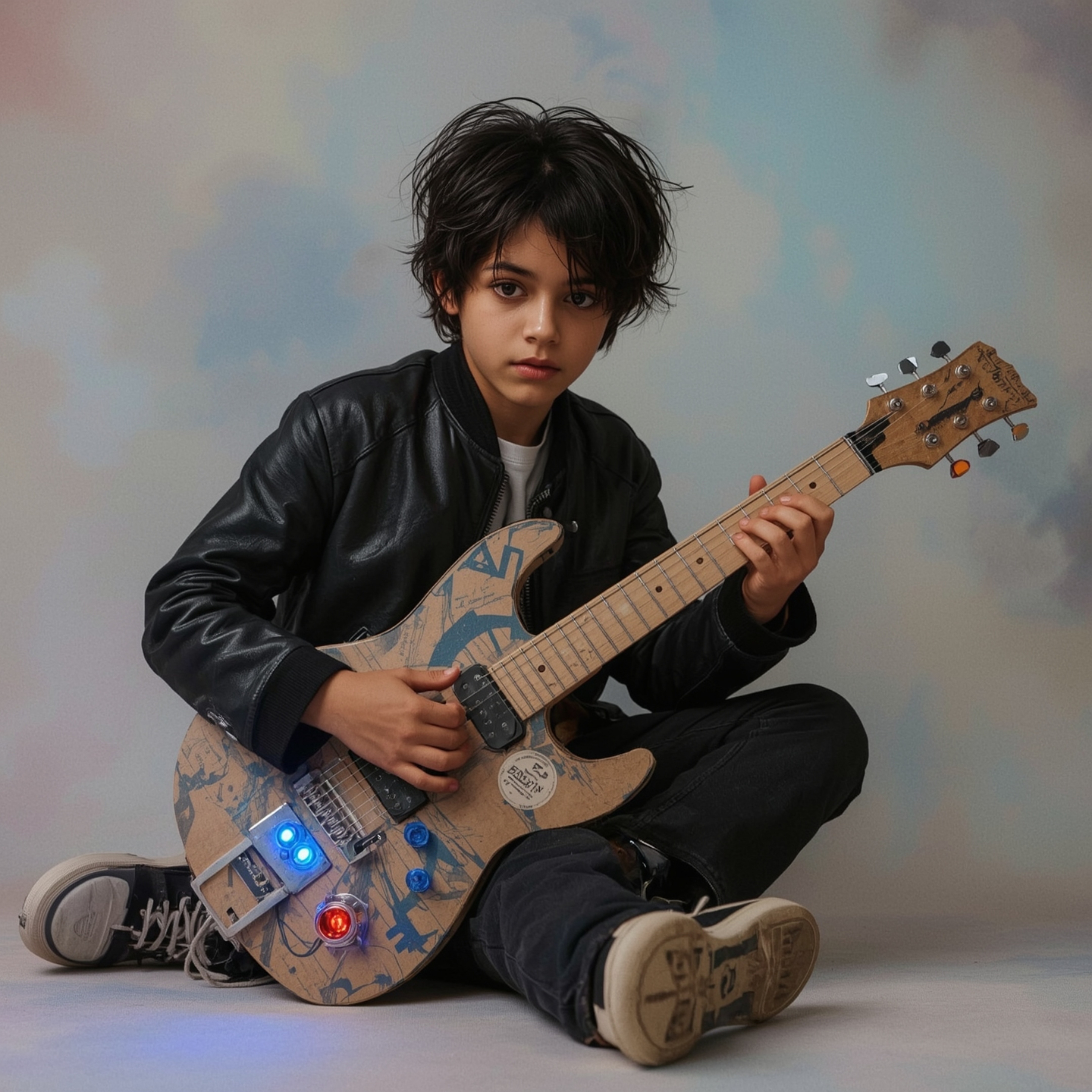 Discover exquisite high-fashion photography of a boy with unique features, building a functional cardboard spaceship in a dre