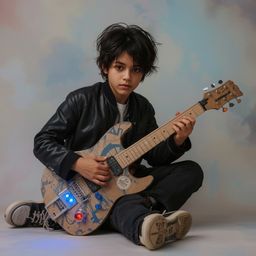 Discover exquisite high-fashion photography of a boy with unique features, building a functional cardboard spaceship in a dre