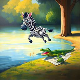 A delightful acrylic painting captures a playful moment where a cute 3D cartoon zebra leaps towards a riverbank, playfully pu