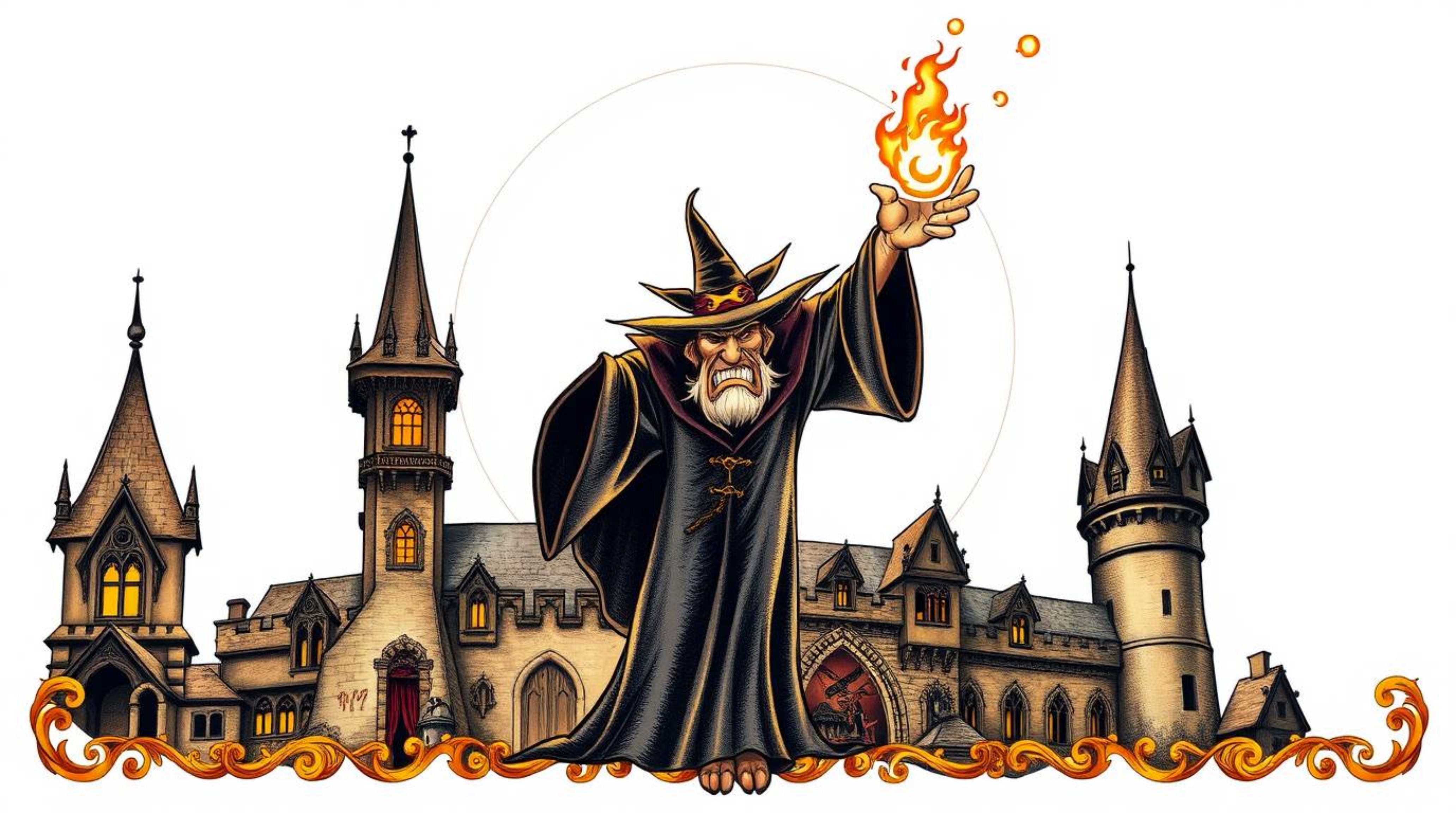 A captivating tattoo art print featuring a classic Disney villain casting a spell within a majestic old castle. Rendered in