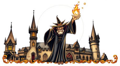 A captivating tattoo art print featuring a classic Disney villain casting a spell within a majestic old castle. Rendered in