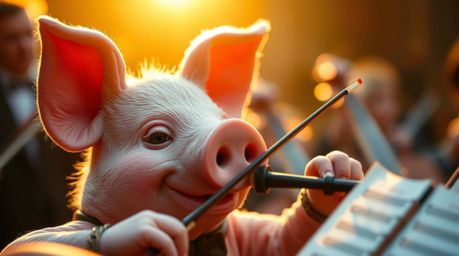 A meticulously detailed pig character takes center stage in an extreme close-up macro shot, attempting to conduct an orchestr