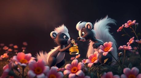 A captivating low-angle perspective photograph showcases a cartoon skunk playfully spraying perfume on flowers, rendered with