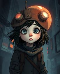 Discover a captivating Pixar-style illustration of a young inventor girl with wide eyes and pale skin, navigating a dark and 