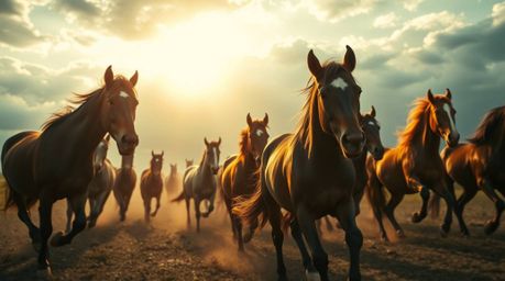 This image showcases an extreme macro close-up of a herd of wild horses galloping beneath a vibrant, glowing sky. The intense