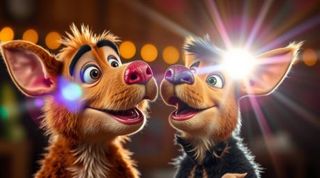 High-resolution stock photo featuring two talking animals engaging in mischievous antics.  The image boasts bright lens flare