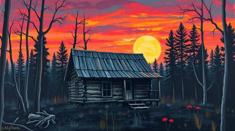 A captivating acrylic painting depicts an old wooden cabin nestled within a sunset woods.  Rendered in a moody style with low