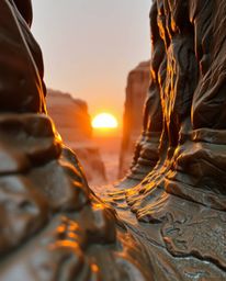 A close-up view reveals the intricate details of a cast bronze sculpture, capturing the moment a sunset illuminates sandstone