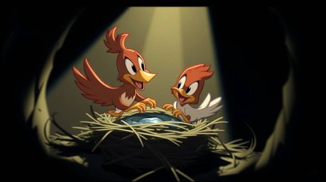 Witness the dynamic duo! Two charming cartoon birds construct their nest in a captivating classic animation style. The scene