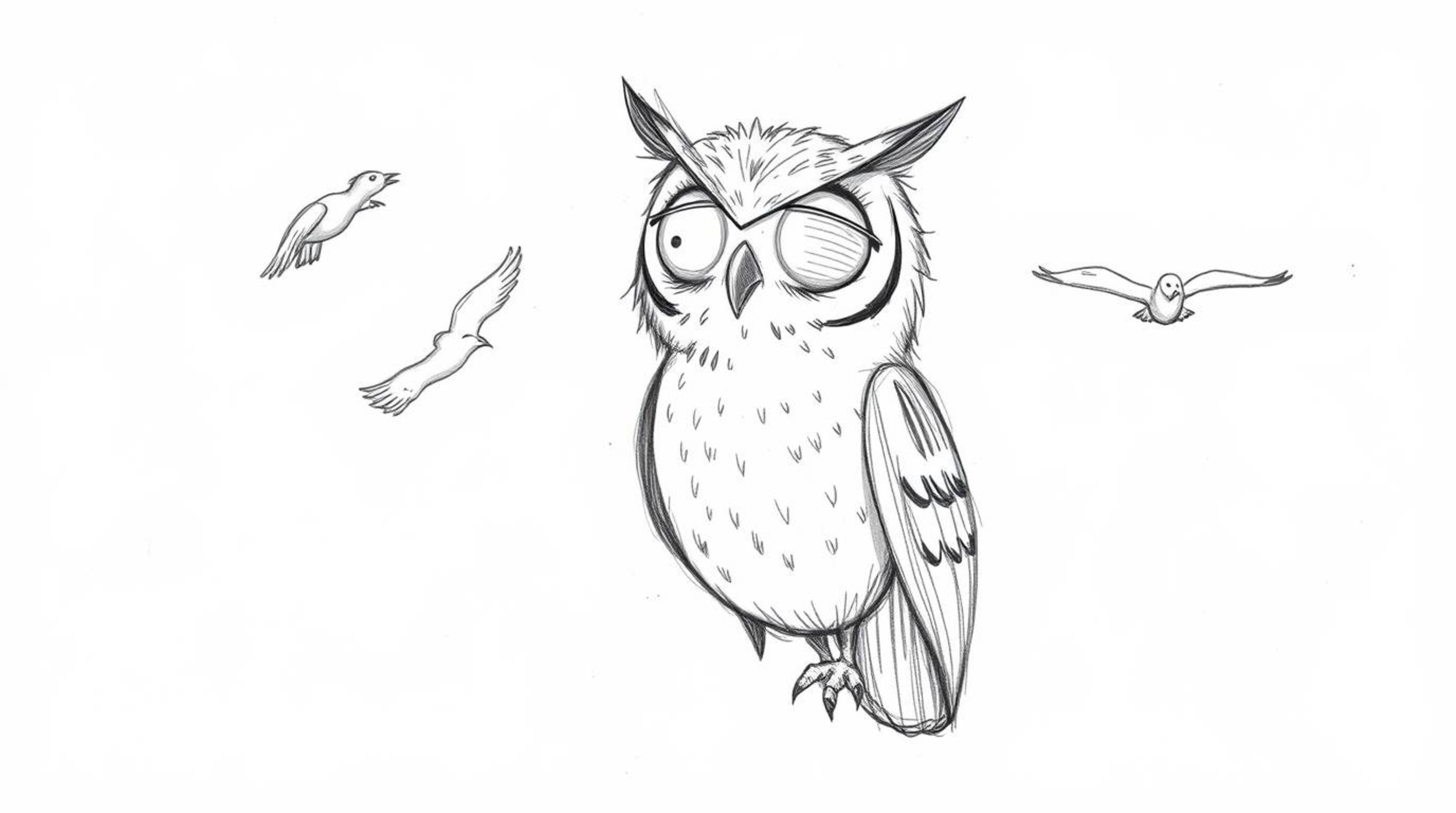 A heartwarming hand-drawn sketch in the style of Pixar depicts a blind owl with expressive eyes, passionately teaching birds 
