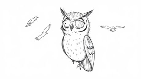 A heartwarming hand-drawn sketch in the style of Pixar depicts a blind owl with expressive eyes, passionately teaching birds 