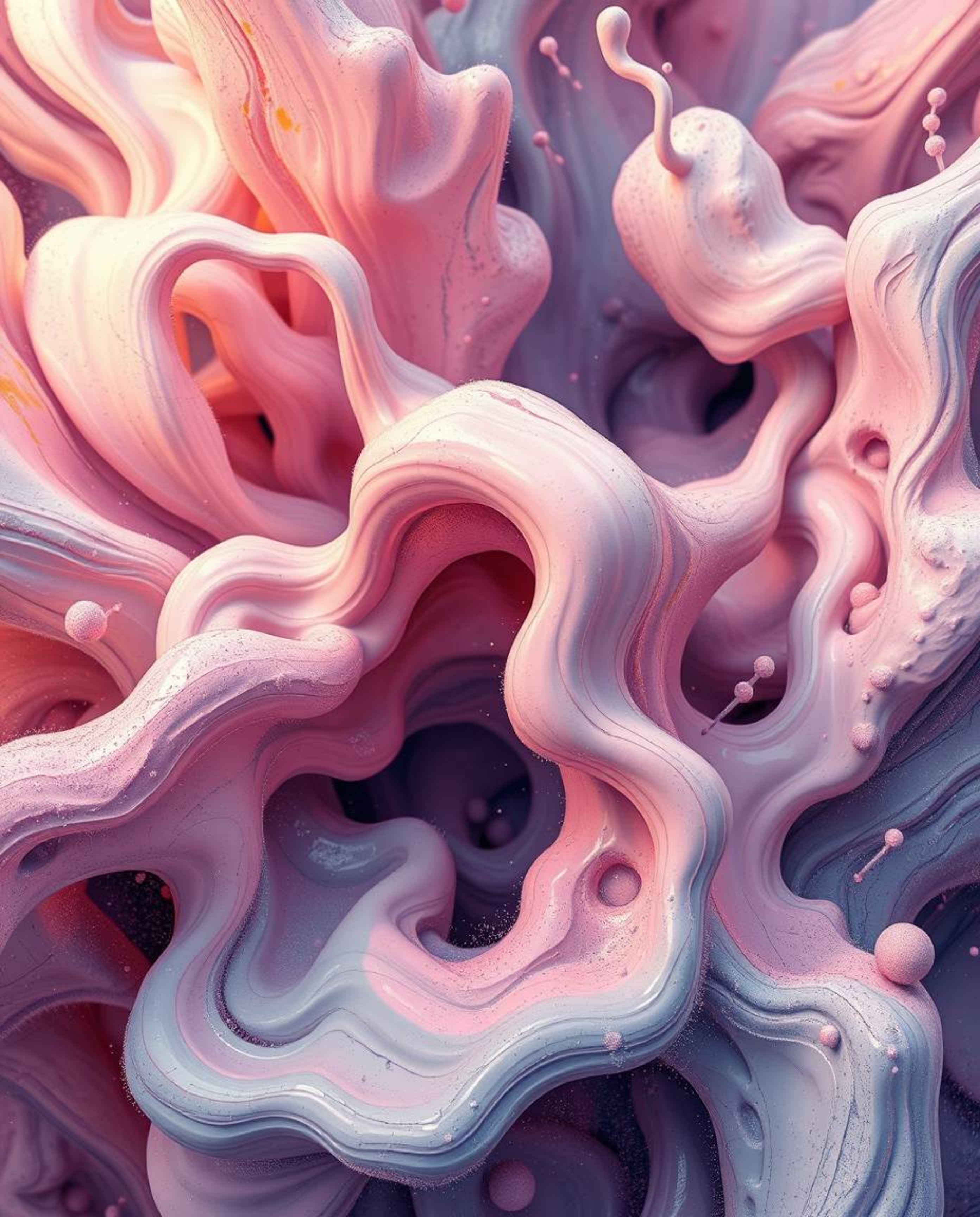 Explore a dynamic digital sketch showcasing abstract 3D liquid forms rendered in soft pastel colors. This close-up compositio