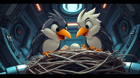 Immerse yourself in a futuristic sci-fi world with this tight close-up shot of two cartoon birds diligently building a nest i