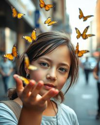 A captivating candid street photograph captures a girl with charming features and light skin as she releases butterflies into