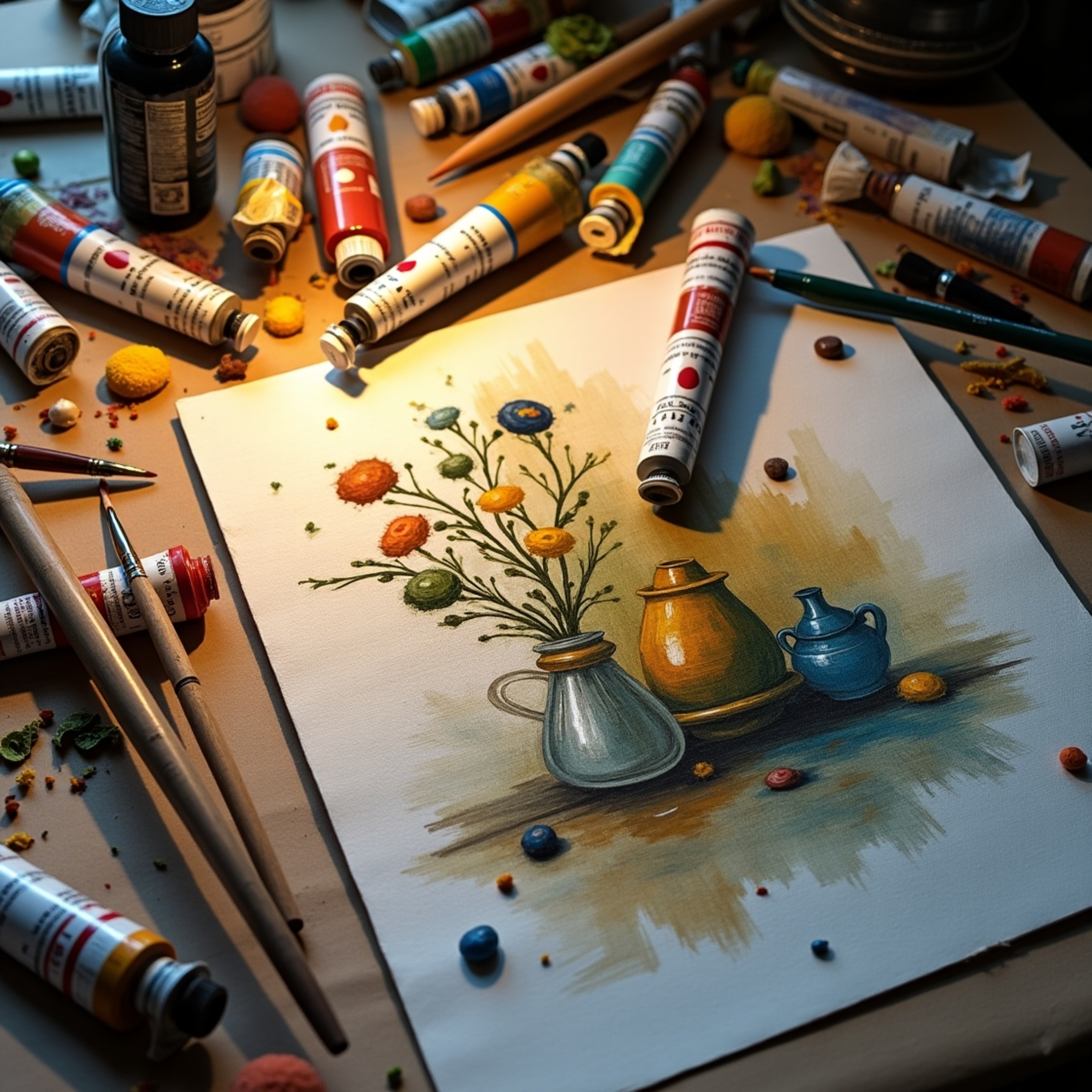 A warm, softly lit artist's desk is a vibrant chaos of creation. Worn paintbrushes are scattered among twisted tubes of oil p