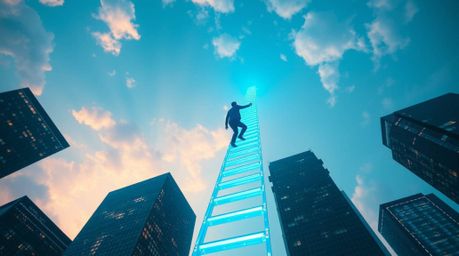 Explore a surreal concept of success featuring a businessperson ascending a transparent ladder that mysteriously vanishes int