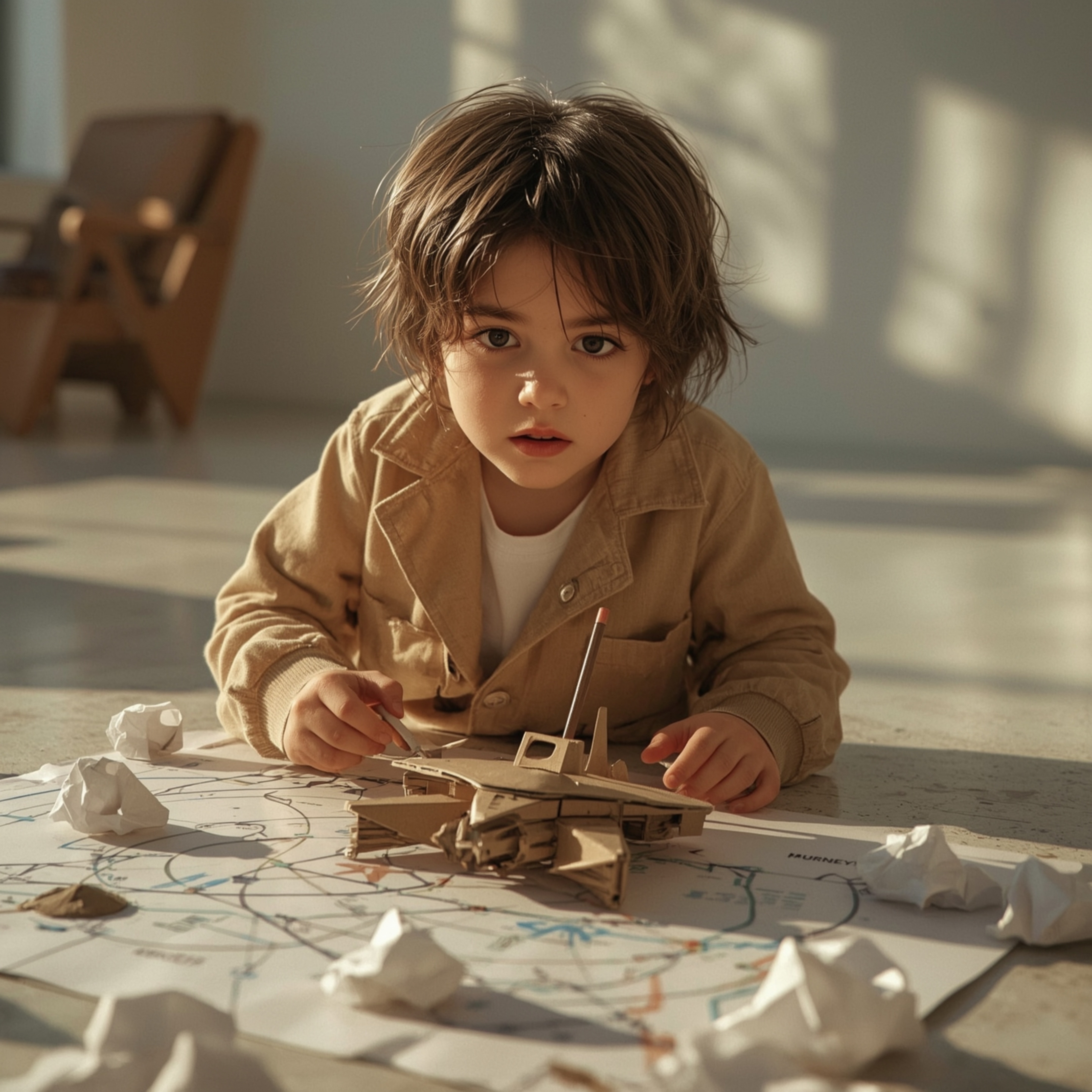 This exquisite high fashion photography captures a young boy with messy brown hair and bright, curious eyes engrossed in buil