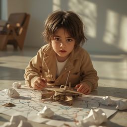 This exquisite high fashion photography captures a young boy with messy brown hair and bright, curious eyes engrossed in buil