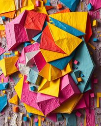 Discover stunning layered papier-mâché geometric shapes in vibrant colors.  These sculpted, textured pieces evoke a glitched 