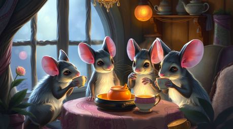 Discover a whimsical digital painting depicting anthropomorphic mice with glowing bioluminescent fur, enjoying a delightful t